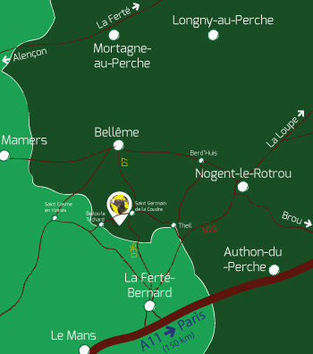 Carte localisant nos chambres d'hôtes et notre gîte dans le Perche en Normandie (Orne) entre Nogent le Rotrou (Eure et Loir - 28), La Ferté-Bernard (Sarthe - 72) et Belleme (Orne - 61)
